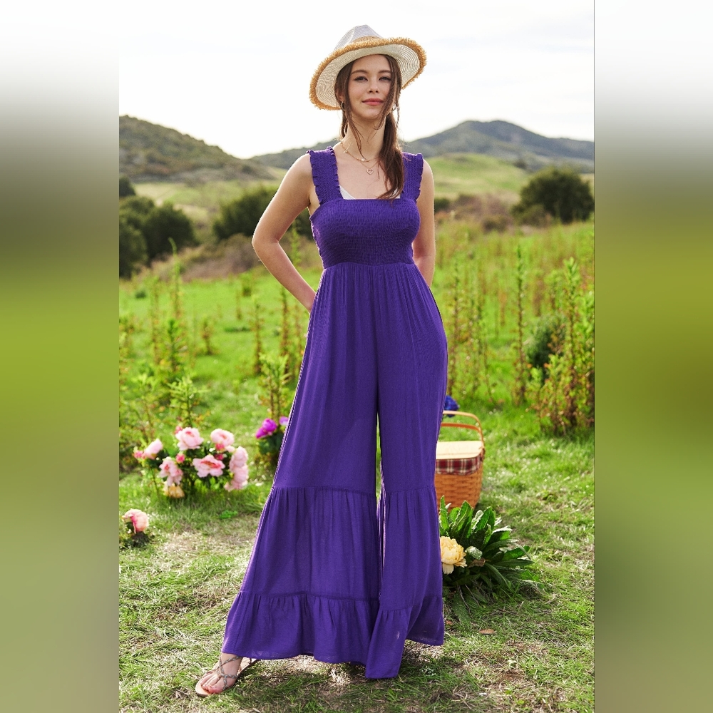 Davi & Dani Smocked Bodice Strap Ruffle Tie Belt Jumpsuit